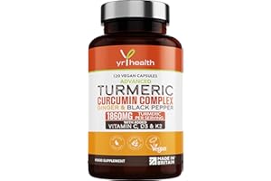 Turmeric Capsules High Strength 1860mg with Black Pepper, Ginger, Vitamin C & D for Immune System & Joints Plus K2 Mk7-120 Vegan Capsules Premium Turmeric Curcumin – Made in The UK by YrHealth