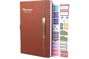 EARNING POWER Diary 2024-2025 - 18 Month Diary from Jan. 2024 to Mid Year Jun.2025, A5 Week to View Diary, Weekly & Month Planner with Leather Cover, Pen Loop, Inner Pocket (Brown)
