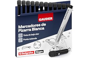 GAUDER Set de Rotuladores para Pizarra Blanca (12 piezas – negro) | Borrables en seco sin dejar residuos | Rotuladores borrables con esponja, ideales para pizarras blancas y magnéticas