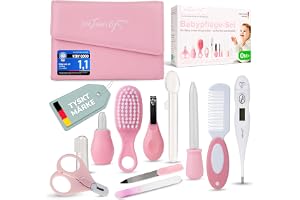 TPFFamily Babyvårdset Nyfödd (Rosa) 11-delat med febertermometer | Newborn Baby Set: högkvalitativ babysax för naglar, nässug och borste, perfekt som första utrustning för nyfödda