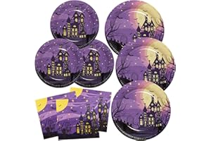 BFB Set di Piatti carta di Halloween 48 pezzi Casa stregata Stoviglie per feste Piatti e Tovaglioli monouso, Viola