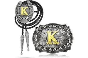 Yjfeshion 2 Pieces Western Cowboy Belt Buckle Bolo Tie Set Golden Initial Letter ABCJ to Z Rodeo Belt Buckles for Women Men