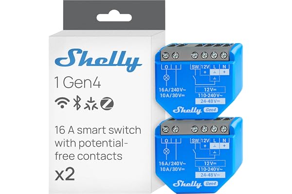 Shelly 1 Gen4 – WLAN Smart reläbrytare, potentialfri kontakt, 1 kanal, 16A, ljusbrytare, garageportsöppnare, Smart Home, timer, Alexa & Google, Matter, ingen hubb krävs (2 stycken)