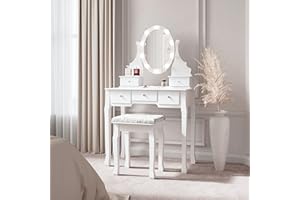 CARME Ruby Rozanna Dressing Table with Hollywood Mirror LED Lights and Cushioned Stool Set 5 Storage Drawers Jewellery Makeup Organiser Cosmetic Vanity Dresser Vintage Style Bedroom Furniture (White)