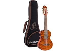 Ortega Guitars Travel Guitar Electro-Acoustic – Mini Travel Series – Flamed Mahogany, Gloss Natural (RGLE18FMH)