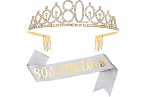 DIMETEY Sliver Gold "80 & Fabulous"Sash & Rhinestone Tiara Set, 80th Birthday Gifts for Women, Birthday Sash/Tiara for Women's 80th Birthday Party Decoration (Sliver 80th)