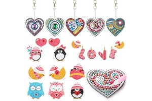 BOFUNX 5Pcs Diamond Painting Keychain Kits + 9Pcs Diamond Painting Stickers, DIY Crystal Love Heart Diamond Painting Kits for Purse Key Pendant Bag Decoration