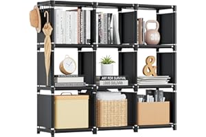 Tienily Book Shelf, Cube Storage Organizer, DIY Bookcase, Portable Metal Bookshelf, Tall Book case for Bedroom, Living Room, Study Room, Office, Closet, Black Cubicle Rack (Black, 9-Grid)