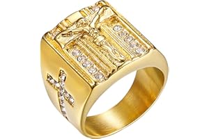 JewelryWe Anello da Uomo Preghiere Gesu'Croce in Acciaio Inox Colore Oro