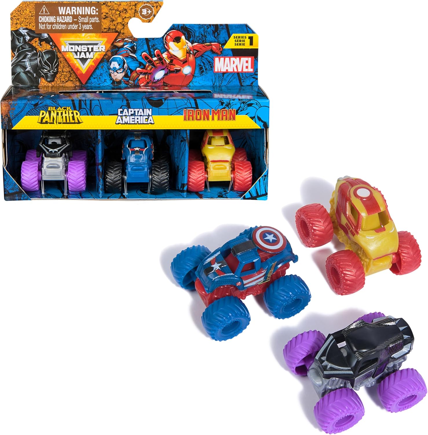 MONSTER JAM - Pack 3 Coches Monster Truck Marvel Oficial Escala 1:87 Metálicos: Black Panther, Capitán América y Iron Man - Coches para Niños - Juegos Infantiles - Juguetes Niños 3 años +