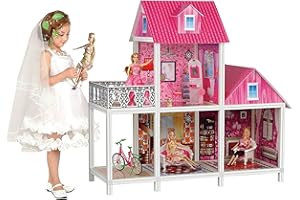HAPITOIZ Big Dreamhouse Dollhouse, 2-Storey Doll House with Furniture&Dolls Accessories, Toddler Play House for 30 cm/12 Inch Dolls, Birthday Xmas Toy Gifts for Girls Kids Aged 3 4 5 6 7 8 9+