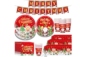 KAHEIGN 102 Pezzi Stoviglie di Carta per Feste Natalizie, 25 x 9 Pollici Piatti Piani, 25 x 7 Pollici Piatti da Insalata, 25 x Bicchieri, 25 x Tovaglioli, 1 x Tovaglia e Festone - per Natale Feste