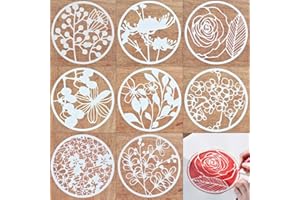 PVEATH Creative DIY Plastic Stencil 8 Pieces Plant Flower Pattern Template Reusable Round Painting Bullet Drawing Set Journal Stencils for Scrapbooking DIY Greeting Card(8 Flowers Round)