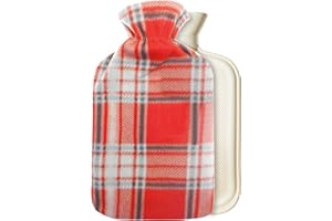 CityComfort Bolsa de Agua Caliente con Funda Forro Polar 1.5L, Botella Reutilizable Goma para Aliviar Dolor y Mantener Calor, Regalos Invierno (Rojo/Gris Cuadro)
