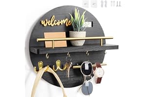 DAAIXC Key Holder for Wall Decorative, Key Hooks Wall Mounted with Shelf and Wooden Key Holder Round Key Hooks for Entryway Mudroom Hallway Kitchen Office (Black)