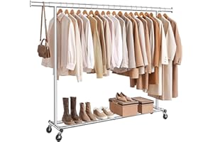 SONGMICS Burro Ropa con Ruedas, Perchero Burro Extensible con Carga Pesada, Capacidad de Carga Máx. de 150 kg, 45 x (160-200) x 161,5 cm, Fácil de Montar, Portátil, Plata HSR175E01