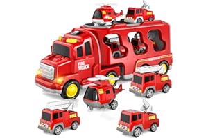 BLMUKCE 5-in-1 Feuerwehr LKW Spielzeug für Kinder, Reibungsbetriebene Transporter mit 4 Feuerwehrfahrzeugen, Spielzeug ab 1 2 3 Jahren für Jungen und Mädchen mit Lichtern und Geräuschen für Kleinkind 4 5 6