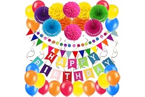 ZERODECO Birthday Decoration Set, Happy Birthday Banner Bunting with 4 Paper Fans Tissue 6 Paper Pom Poms Flower 10 Hanging Swirl and 20 Balloon for Birthday Party Decorations - Multicoloured