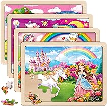 SYNARRY Puzzle licorne sirène princesse à partir de 3, 4, 5, 6 ans, 4 x 24 pièces, en bois, jouet éducatif, cadeaux pour enfants pour garçons et filles