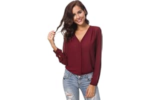Urban GoCo Donne Camicette Manica Lunga Pieghe Chiffon con Scollo V Colore Puro Camicia Blusa