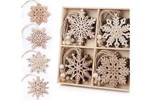 ‎MOCRAFT 20 Stücke Schneeflocken aus Holz - 4 Designs (5 STK) Christbaumschmuck Anhänger aus naturbelassenem mit Jute Schnur als Weihnachtsschmuck,, Basteln