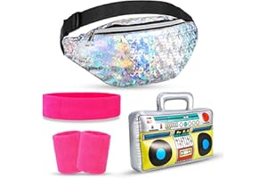 SOSPIRO 80er 90er Jahre Set, 80er 90er Outfit Party Accessoires Hip Hop Radio Walkman Fasching Silber Mode Bauchtasche Verstellbarer Gurt 3 in 1 Rosenrot Schweißband Set mit Stirnband