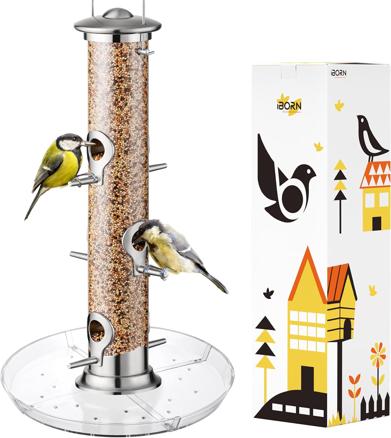 iBorn Bird Feeders Seed Catcher for Outside Hanging 6 Port Bird Feeder for Cardinal Birds Aluminium Metal,Brushed Nickle Finishing 14 Inch 6 Port (Seed is not Included)