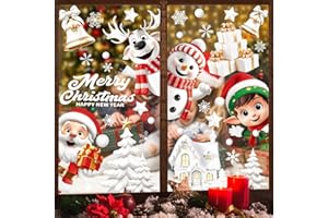 WIURGOHA 155 pcs Christmas Window Stickers, 9 Sheet Xmas Window Cling Decorations Snowflake Santa Reindeer Snowman Cling Decals for Xmas Holiday Indoor Windows Decorations Decals