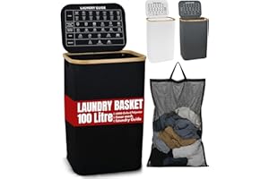 LKH HOME COLLECTION LKH Laundry Basket with Lid 100 litre - 600D Polyester Clothes Hamper for Laundry with Bamboo handles, Laundry Guide & Inner Mesh Bag - 44x33x70cm Laundry Basket Organizer for Dorm Laundry Room