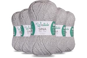 ‎WOLLIDU Wollidu Sina Wolle zum Stricken und Häkeln 500g Premium Strickwolle/Häkelwolle Set OEKO-TEX zertifiziert 5 x 100g/170m 80% Polyacryl 20% Schafwolle mulesing-frei - Grau