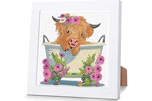 Viart Cow Diamond Art for Kids with Frame-Highland Cow Diamond Painting for Kids, Animal Small Diamond Art Kits, Easy DIY Crystal Mosaic Kits for Children Girls Boys Gifts (7x7inch)