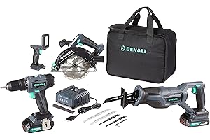 Marca Amazon - Denali by SKIL Juego de taladro de 18 V (20 V máx.), sierra de sable, sierra circular y luz reflectante, 2 baterías de litio de 2 Ah y cargador, Azul