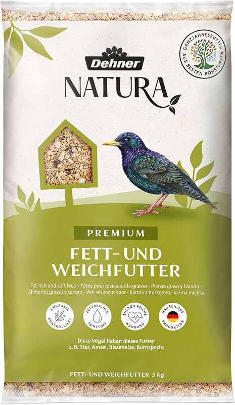 Dehner Natura Premium Wildvogelfutter, Fettfutter / Weichfutter, Ganzjahresfutter artgerecht / kraftspendend , hochwertiges Vogelfutter für Wildvögel, 5 kg
