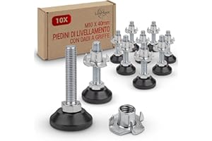 LouMaxx Piedini di Regolazione M10 x 40 mm Con Dado di Impatto, Set da 10 Pezzi, Vite di Regolazione, Piedini Regolabili in Altezza M10 x 40 mm