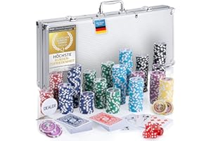 GOODS+GADGETS Mallette de poker Profi Pokerset comprenant 300-500 jetons de poker de haute qualité ; deck de poker, jeu de cartes, cartes de poker, dés, bouton de croupier ; casino à domicile (Argent, 500 Jetons)