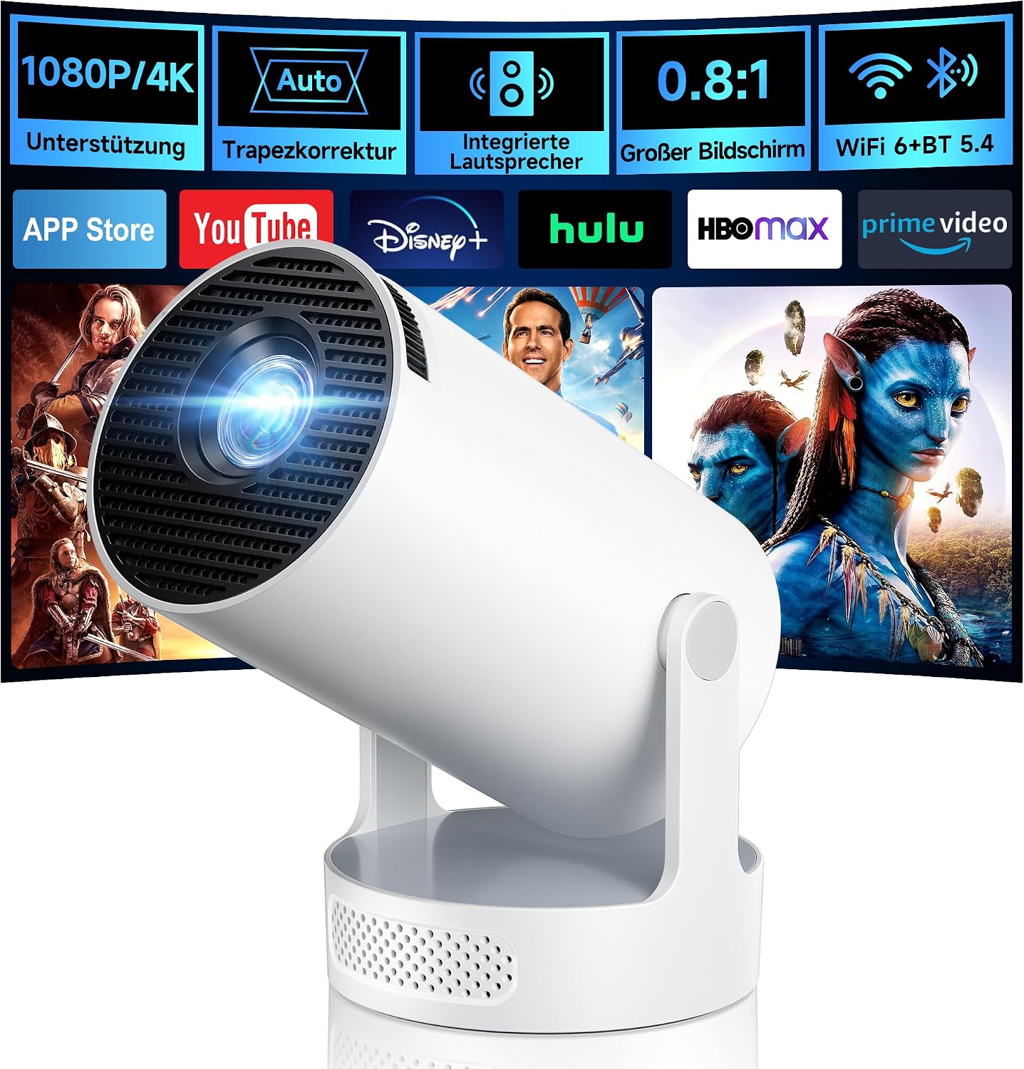 Technische Daten & Spezifikationen : Mini Beamer Philoent Smart Projektor 4K 1080P