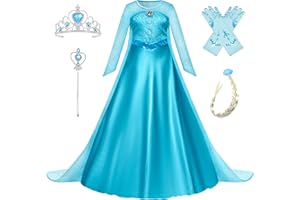 New front Niñas Vestido de Princesa Elsa Elegante Disfraz de Reina Frozen Festivo y Accesorios Corona,Vara,Trenza,Guantes Chica Cosplay Traje de Fiesta Carnaval Navidad Boda(2-10 Años,Azul,110-150cm)