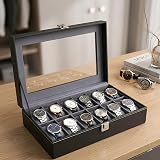 Watch Box Organizer Case in Black with 12 Slots and Transparent Top Watch Box Holder Organizer Case In 12 Slots of watches In PU Leather with Black & Gray: 