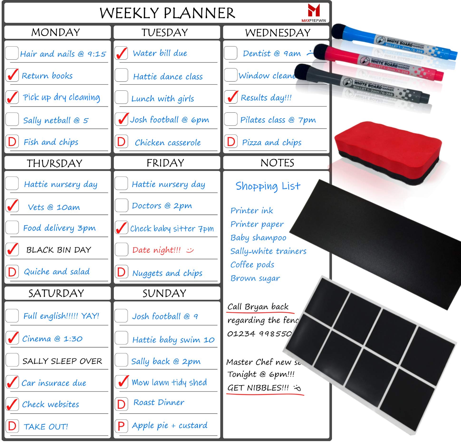 Weekly Planner Whiteboard Fridge, Wall or Cupboard Mounting