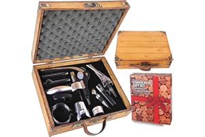 RERXN Antike Holzkiste Weinzubehör Geschenkset, Kaninchen Weinöffner, Wein Korkenzieher Weinverschluss und Weinausgießer Set (Antique 03)
