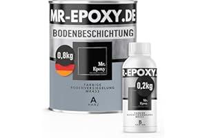 Mr. Epoxy Epoxidharz Bodenbeschichtung (1 kg, RAL 7001 Silbergrau) - 2K Betonfarbe für Garagen, Keller & Werkstatt Boden - Flüssigkunststoff Epoxid Grundierung und Bodenversiegelung