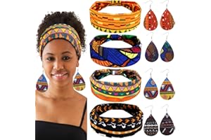 WILLBOND 4 Pcs African Headband with 4 Pcs African Faux Leather Earrings for Woman,African Boho Print Headband Head Wrap African Jewelry Sets for Women (Bright Pattern)
