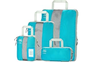 MONOBIN 4 Set Compression Packing Cubes with Tag Holder for Travel, Expandable Packing Organizers for Travel Accessories, Carry On Suitcase Organizer Bags Set as Travel Essentials (4set, Blue)