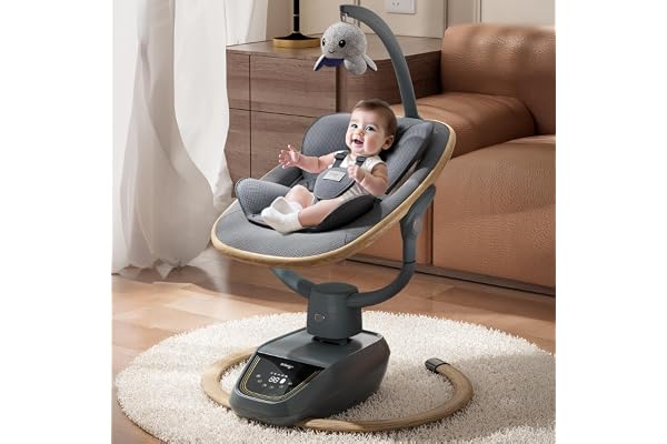 Trimigo transat bébé électrique 180° réglable 3D, avec télécommande, 5 modes, 4 vitesses, 3 hauteurs de siège, 8 chansons d'apaisement, balancoire bébé 0-12 mois (coloris bois)