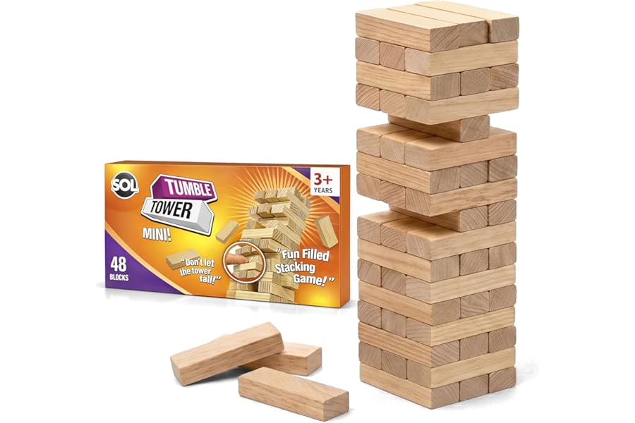 SOL Mini Tumble Tower, Wooden Stacking Tumbling Blocks, Balancing Game for Kids and Adults, Travel Size Classic Table Entertainment, Indoor and Outdoor Fun for Family, Children and Friends