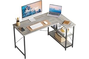 Bestier L Shaped Desk Small Corner Desk with Shelves 120CM Reversible Computer Desk Writing Table with Bookshelf for Home Office Small Space