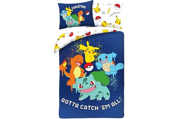 Pokémon Enkelsäng Påslakan 140x200 + Örngott Pikachu Squirtle Charmander | Vändbart sängset | Mjuk mikrofiber snabbtorkande Oeko-Tex | Officiell Pokémon licens | 4-12