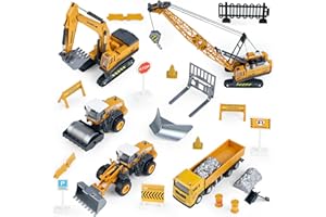jenilily 1:55 Scale Construction Toy Cars, 5PCS Vehicles Playset Crane, Bulldozer, Excavator, Lodder, Truck with Play Mat & Road Sign for Boys 3 4 5 Years Old