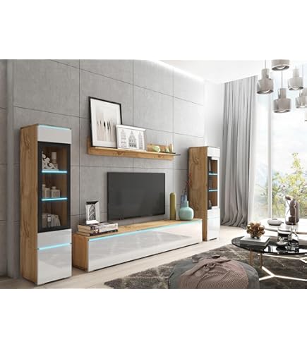 Set Soggiorno Paris Skraut - Madia, Mensola E Mobile TV Con LED, Stile Nordico Bianco/Rovere - Foto 4