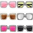 Frienda 6 Pairs Crystal Oversized Square Sunglasses Diamond Glitter Sunglasses Retro Thick Frame Sunglasses